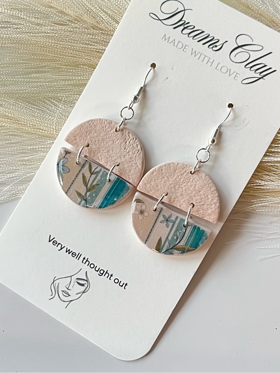 Jewelry - Beach Teal Floral Half-Moon Clay Earrings